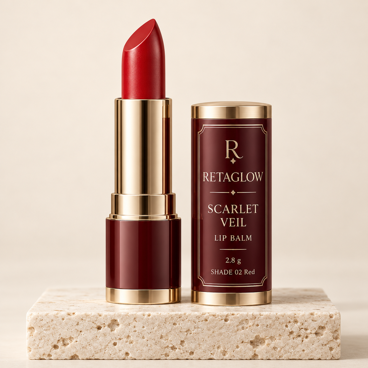 Retaglow Scarlet Veil Lip Balm 2.8 g packaging concept